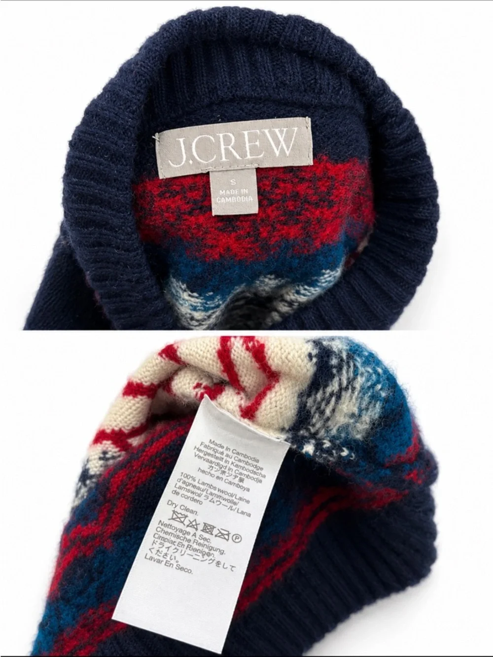 J.Crew Fair Isle Lambswool Nordic Sweater Cream Navy Red Size Small